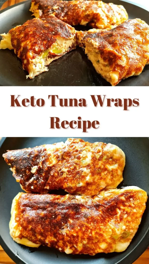 Golden, crispy keto tuna wraps made with a mozzarella cheese wrap and creamy tuna filling, served on a black plate.