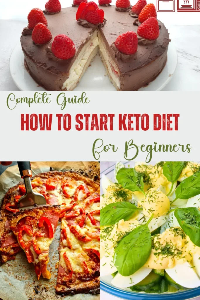 A collage of three photographs. The top photo shows a sliced chocolate cake with raspberries on top, placed on a white plate. Below, there is text that reads ‘Complete Guide HOW TO START KETO DIET For Beginners.’ The middle photo displays a pizza with melted cheese and pepperoni, with a pizza cutter on it. The bottom photo shows a plate of food consisting of sliced boiled eggs, avocado slices, and leafy greens garnished with herbs. This image is relevant for those interested in starting a ketogenic diet, showcasing examples of keto-friendly foods.