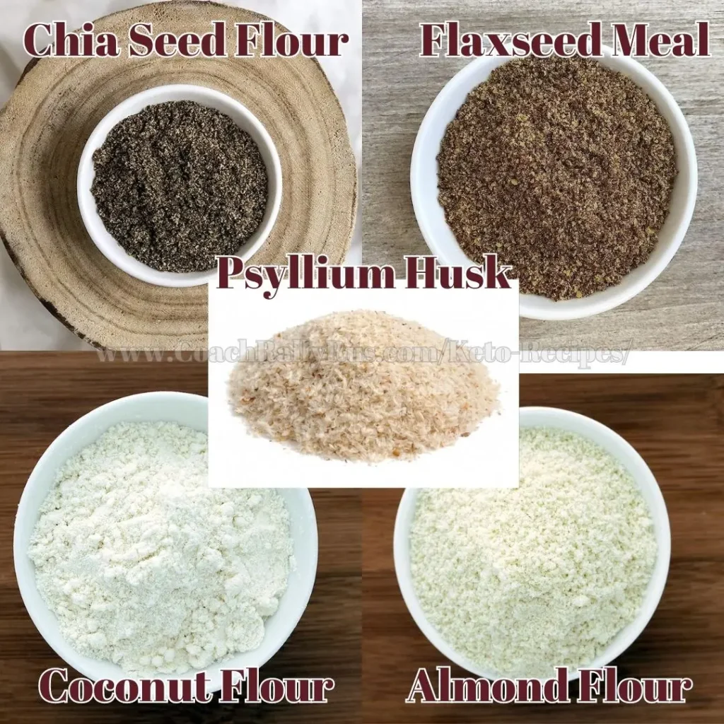 A collage of five different types of flour in separate bowls, labeled as Chia Seed Flour, Flaxseed Meal, Psyllium Husk, Coconut Flour, and Almond Flour. The bowls are placed on a white background, highlighting the varying textures and colors: Chia Seed Flour is dark with visible seeds; Flaxseed Meal is coarse and brown; Psyllium Husk is fibrous and off-white; Coconut Flour is fine and white; Almond Flour is finely ground and pale yellow. This image is ideal for those interested in alternative baking ingredients or gluten-free options.