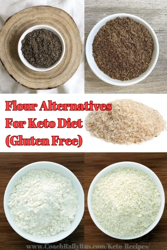 A collage of four images showing different gluten-free flour alternatives suitable for a keto diet. The top left image features a circular brown block of compacted flour on a wooden surface. The top right image shows a close-up of loose, grainy brown flour. The bottom left image displays fine white powder in a white bowl. The bottom right image depicts coarsely ground white flour in a similar white bowl. Text overlay reads “Flour Alternatives For Keto Diet (Gluten Free)” with “CoachRallyRus.com/Keto Recipes” at the bottom.