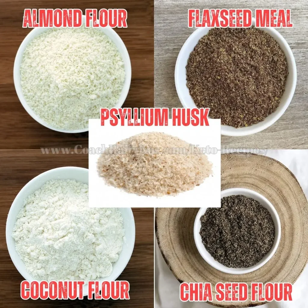 An image displaying four different types of flour in separate bowls, each labeled with its name. Top left is “ALMOND FLOUR,” a light, yellowish powder. Top right is “FLAXSEED MEAL,” a dark brown, coarsely ground meal. Center left is “PSYLLIUM HUSK,” a fine, light tan powder. Bottom left is “COCONUT FLOUR,” a fine, white powder. Bottom right is “CHIA SEED FLOUR,” a dark gray, finely milled flour. The background consists of a wooden surface, showcasing the variety of textures and colors used in gluten-free or alternative baking ingredients.