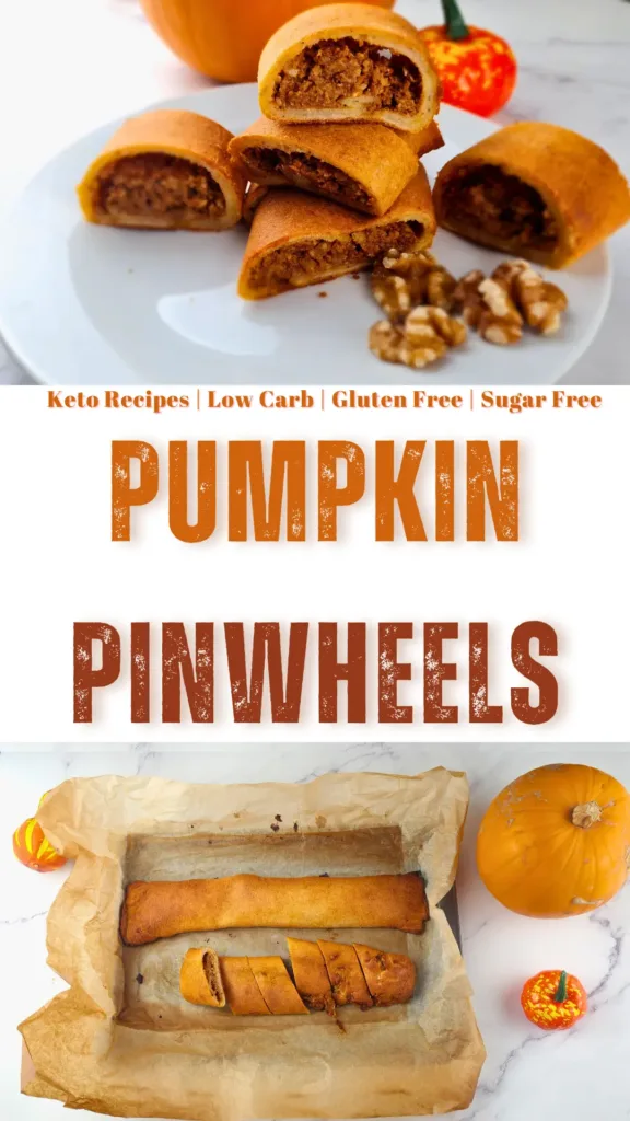 A plate of keto pumpkin pinwheels (keto tikvenik) with walnuts and cinnamon sticks on a white plate