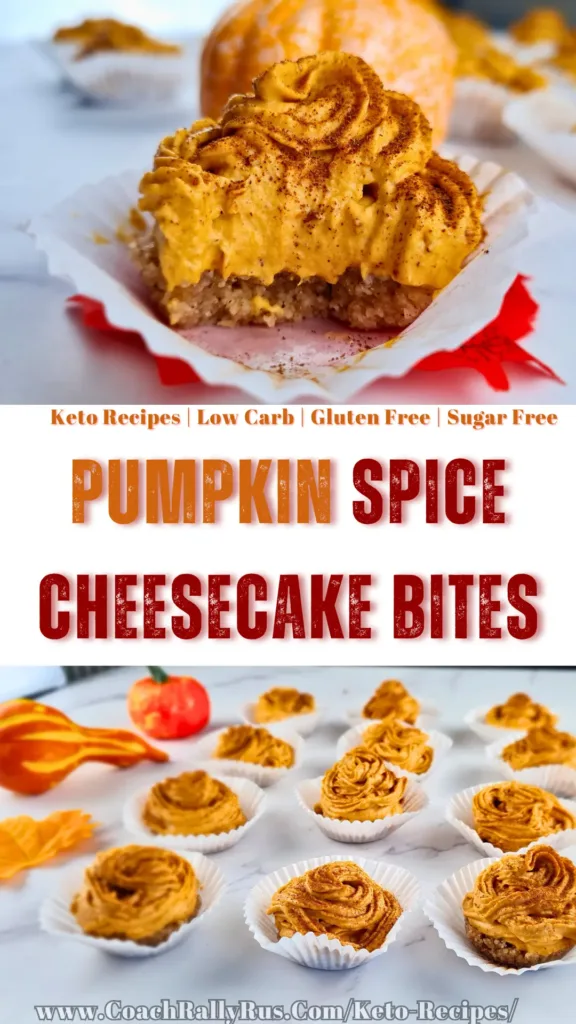 A photo of keto pumpkin spice cheesecake bites arranged on a table, with some whipped cream and cinnamon on top. The photo has a light white background and a small pumpkin on the side. The photo looks appetizing and festive