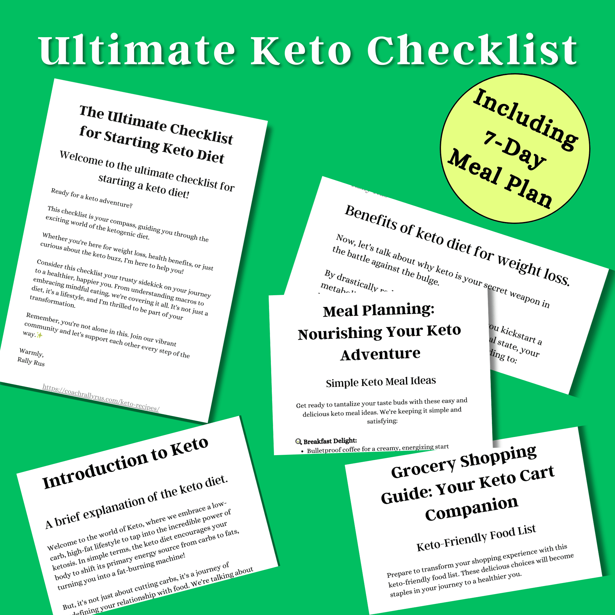 An image of The Ultimate Keto Checklist and samples of different pages from it