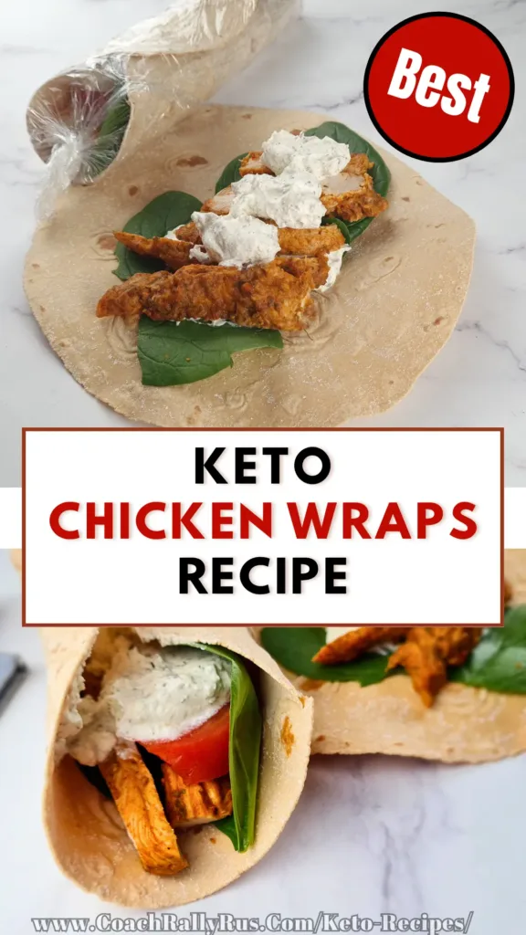 A photo of a keto chicken wrap with ranch dressing on a marble countertop. The wrap is made of a light brown tortilla filled with chicken, spinach, and a white sauce. The chicken is cooked and seasoned, the spinach is fresh and green, and the white sauce is creamy and tangy. There is a bunch of parsley and a gray and white striped towel in the background.
