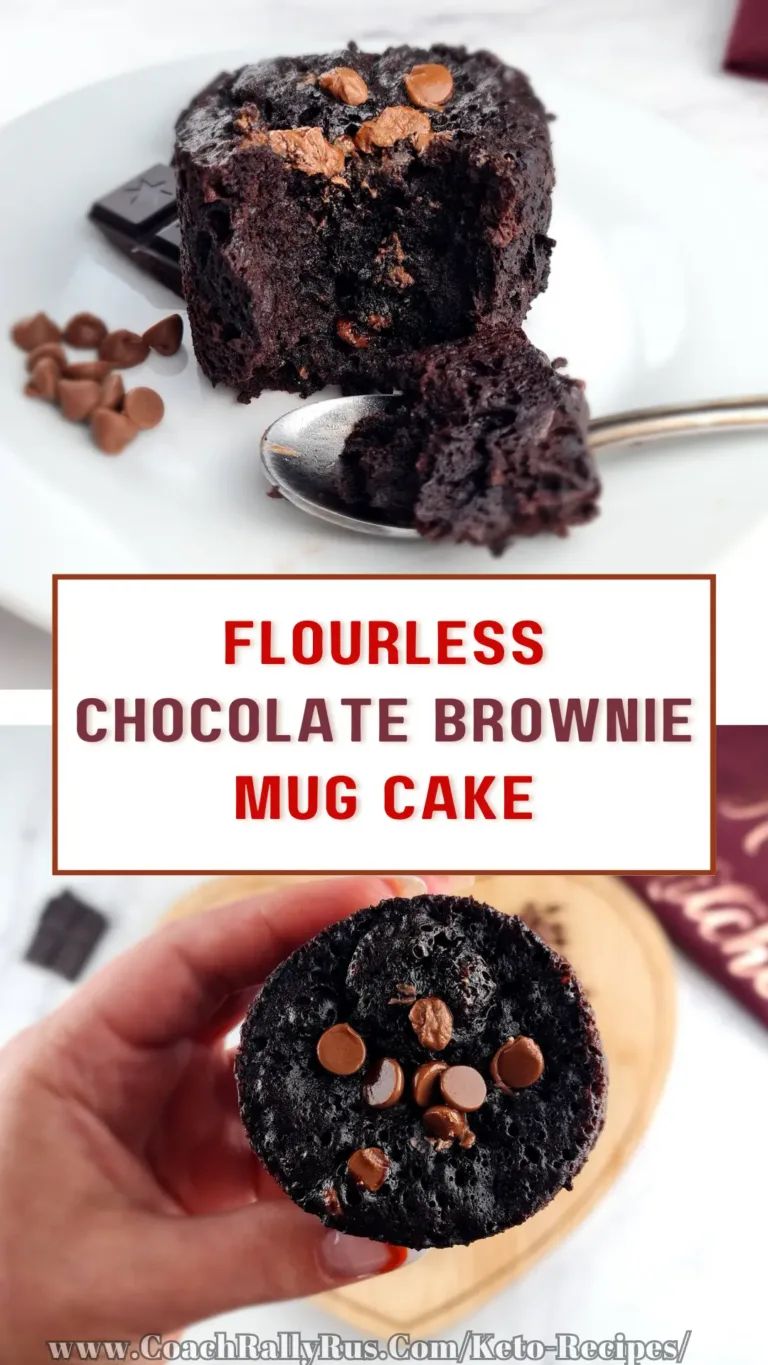 A flourless chocolate brownie mug cake on a white plate with chocolate chunks and chocolate chips on top.