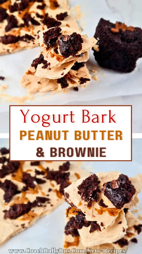 Frozen yoghurt bark with peanut butter and brownie. It is rectangular in shape and has a light brown color. It is topped with crumbled brownie and chocolate chips. The bark is cut into smaller pieces and is on a white parchment paper on a white marble countertop.