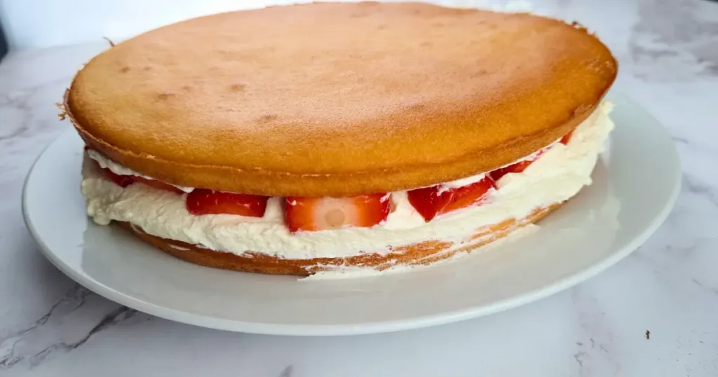 A delicious keto chocolate cake, topped with a layer of fresh strawberries and fluffy cream, presented on a white plate against a marbled background.