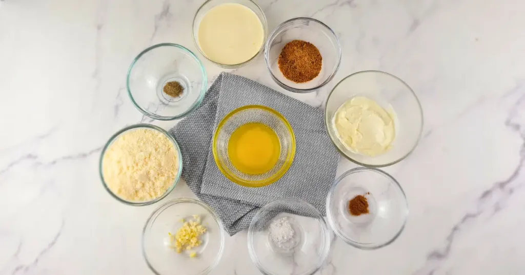 A top-down view of various ingredients for keto Cajun Alfredo Sauce neatly arranged in glass bowls on a marble countertop.