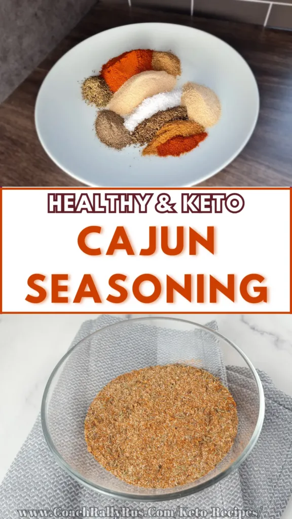 A collage of two photos showing the spices for Keto Cajun Seasoning, both before and after mixing them together, on a white plate and a glass bowl, with a banner that reads “Healthy & Keto Cajun Seasoning”.