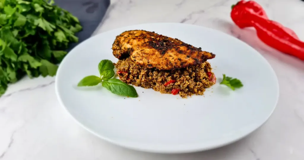 A photo of a delicious and healthy dish of Keto Mediterranean Chicken with Cauliflower & Broccoli Rice, served on a white plate with a green basil leaf on top. The chicken is grilled to perfection and has a crispy and blackened crust. The cauliflower and broccoli rice is a low-carb and keto-friendly alternative to regular rice, and is mixed with red peppers and herbs for a burst of flavor and color. The background is a white marble countertop with some fresh parsley and a red pepper on it, creating a contrast and a sense of freshness. This dish is a great way to enjoy the mediterranean cuisine while following a keto diet.