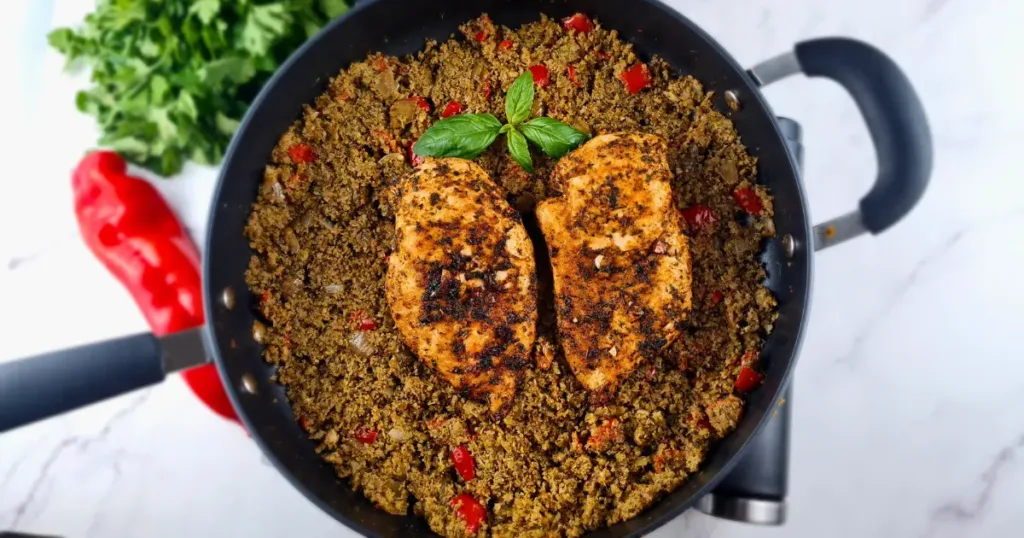 A keto-friendly dish of chicken breasts, cooked in a black skillet and served with keto Mediterranean rice.
