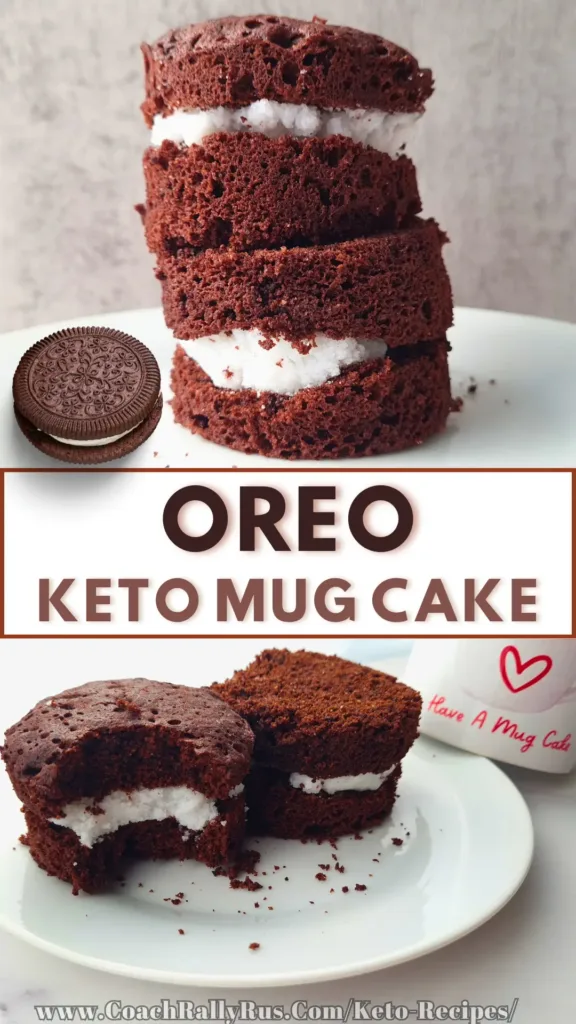 A pin collage featuring a delectable Keto Oreo Mug Cake, showcasing a stack of moist, rich chocolate keto cake layers separated by creamy filling, with a whole Oreo cookie and a sliced view of the mug cake revealing the luscious layers within.
