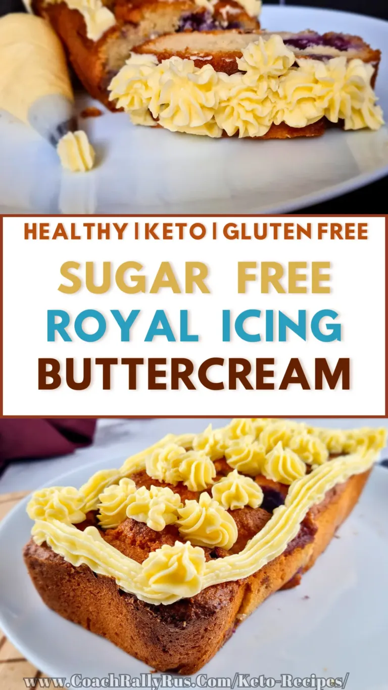 A Pinterest pin showcasing a Keto Royal Icing Buttercream recipe that is sugar-free and gluten-free. The image displays a delicious slice of cake topped with yellow buttercream icing, with the recipe title and website URL prominently displayed.