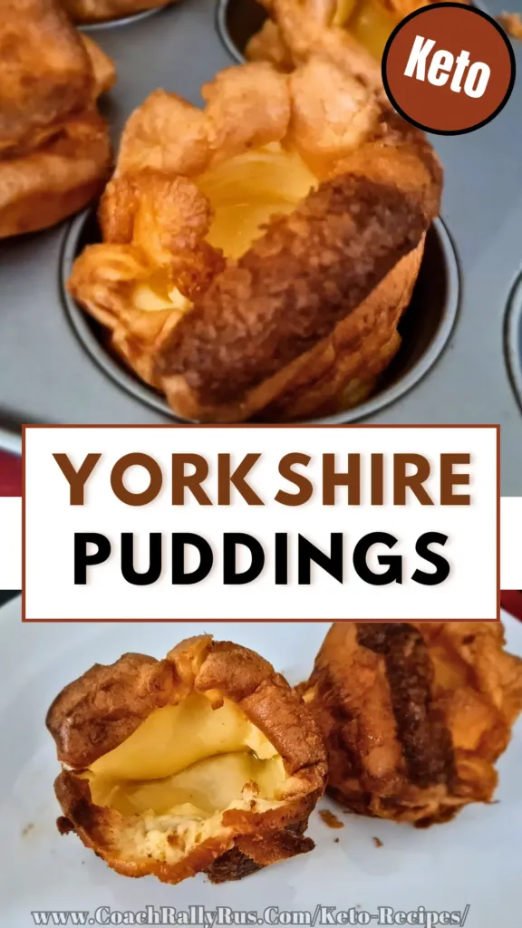 A photo of keto Yorkshire puddings in a muffin tin. The puddings are golden brown and puffy. The puddings are in a gray muffin tin with six cups. The background is a white countertop. The image has a red banner with white text that reads “Keto Yorkshire Puddings” and a website address below it.
