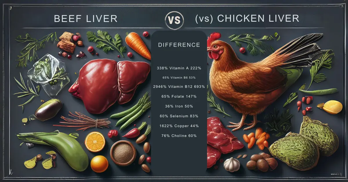 A comparative visual representation of beef liver and chicken liver, surrounded by various vegetables and spices, with a detailed list of nutritional differences highlighted in the center.