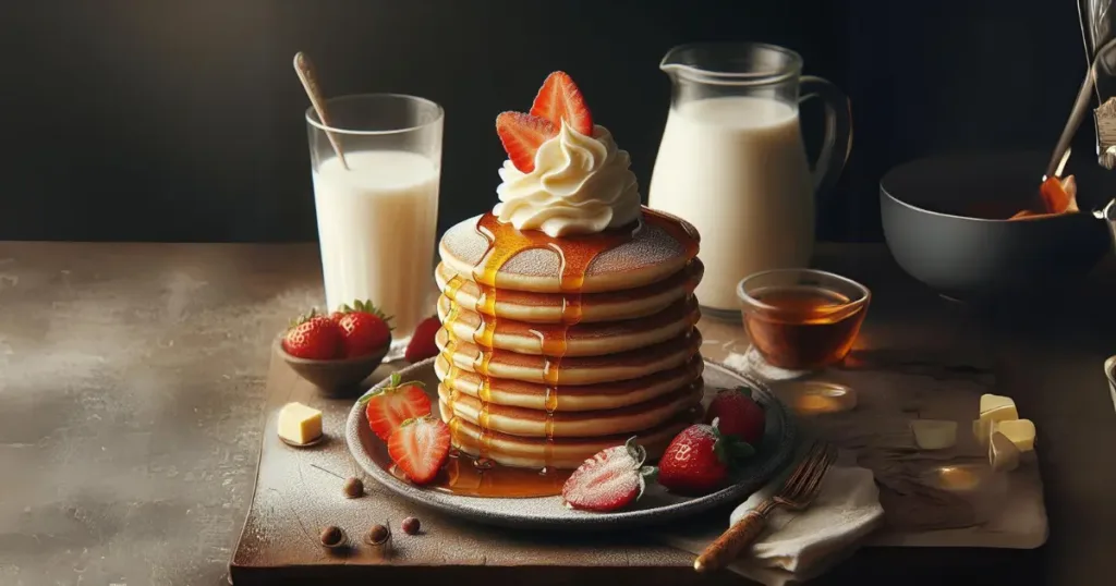 A delicious stack of golden keto buttermilk pancakes topped with fresh strawberries and whipped cream, drizzled with syrup, served on a rustic table with a glass and jug of buttermilk.