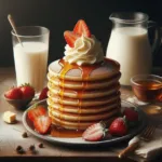 A delicious stack of golden keto buttermilk pancakes topped with fresh strawberries and whipped cream, drizzled with syrup, served on a rustic table with a glass and jug of buttermilk.