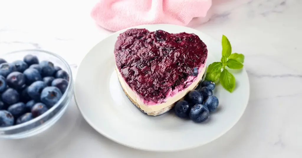A slice of keto blueberry cheesecake with a vibrant, glossy blueberry topping, served on a white plate. A bowl of fresh blueberries and a pink cloth are nearby, all set against a marble countertop.