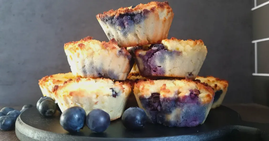 A stack of golden brown Keto blueberry muffins made with coconut flour, garnished with fresh blueberries, presented on a dark round tray.