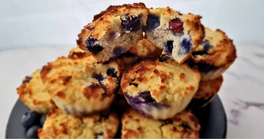 A close-up view of a stack of golden brown Keto blueberry muffins made with coconut flour, showcasing the juicy blueberries embedded within.