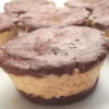 A close-up view of Keto Chocolate Peanut Butter Ice Cream Sandwiches with a rich chocolate top and creamy peanut butter ice cream middle, arranged on a white plate.