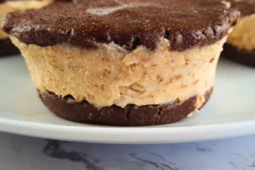 A close-up view of Keto Chocolate Peanut Butter Ice Cream Sandwiches with a rich chocolate top and creamy peanut butter ice cream middle, arranged on a white plate.