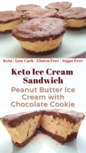A Pinterest pin featuring Keto Chocolate Peanut Butter Ice Cream Sandwiches that are low carb, gluten free, and sugar free. The sandwiches have a rich chocolate cookie outer layer with a creamy peanut butter ice cream filling.