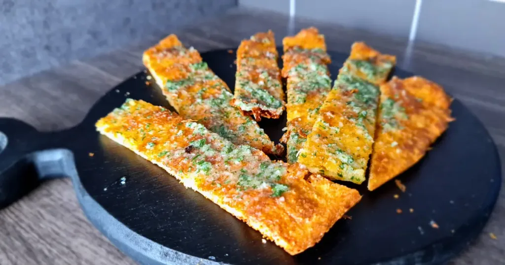 Slices of golden brown Keto Garlic Bread Sticks topped with green herbs, displayed on a dark round plate.