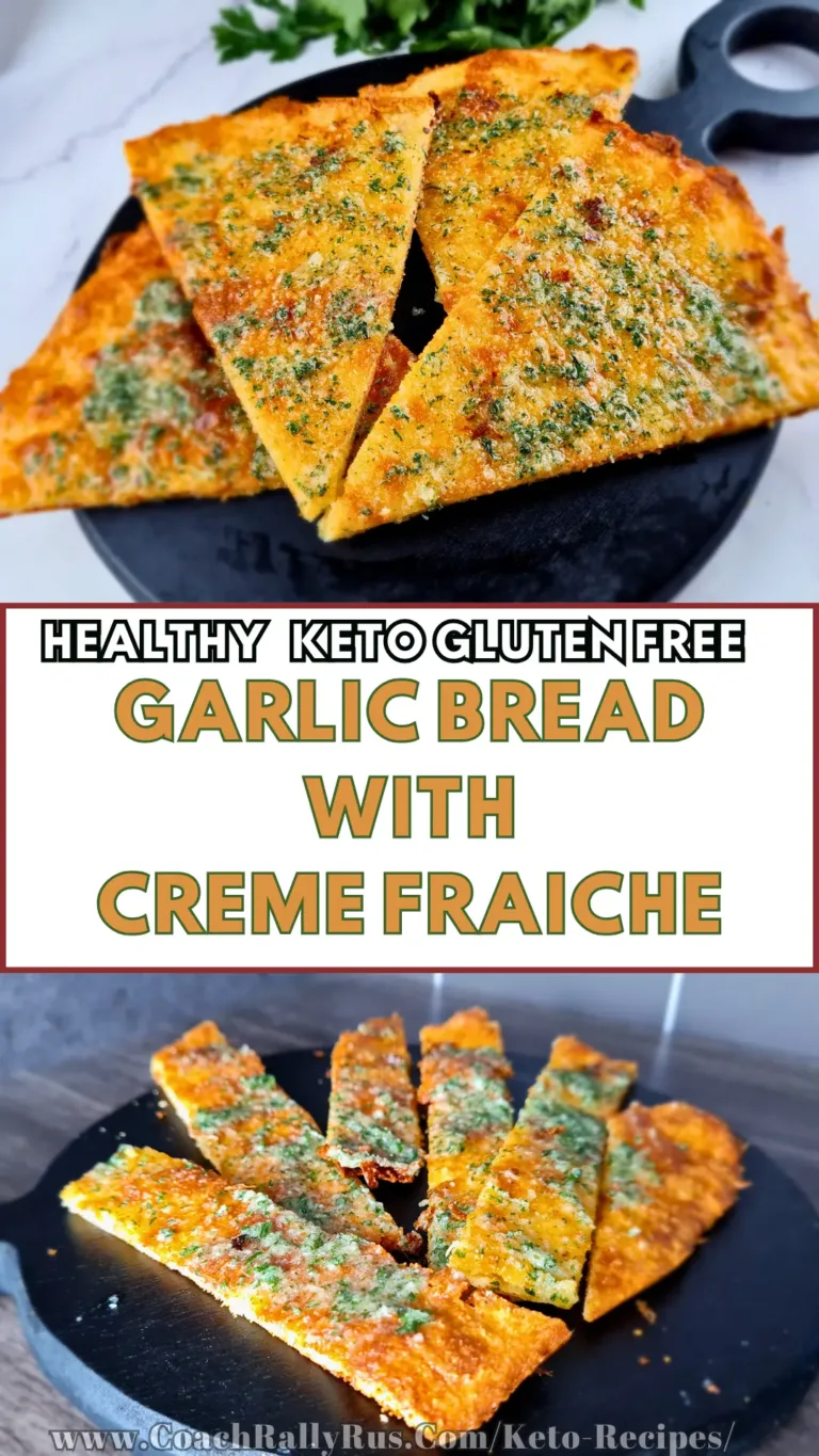 A Pinterest pin featuring two images of Keto Garlic Bread, golden and garnished with herbs, served on a black plate. The bread is labeled as healthy, keto, and gluten-free.