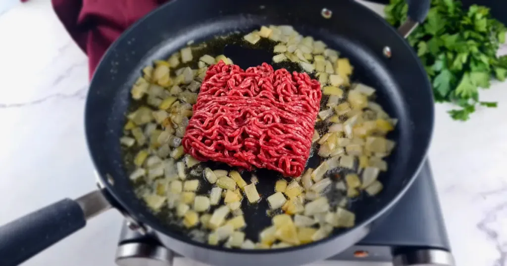 A close-up of a keto ground beef and onions.