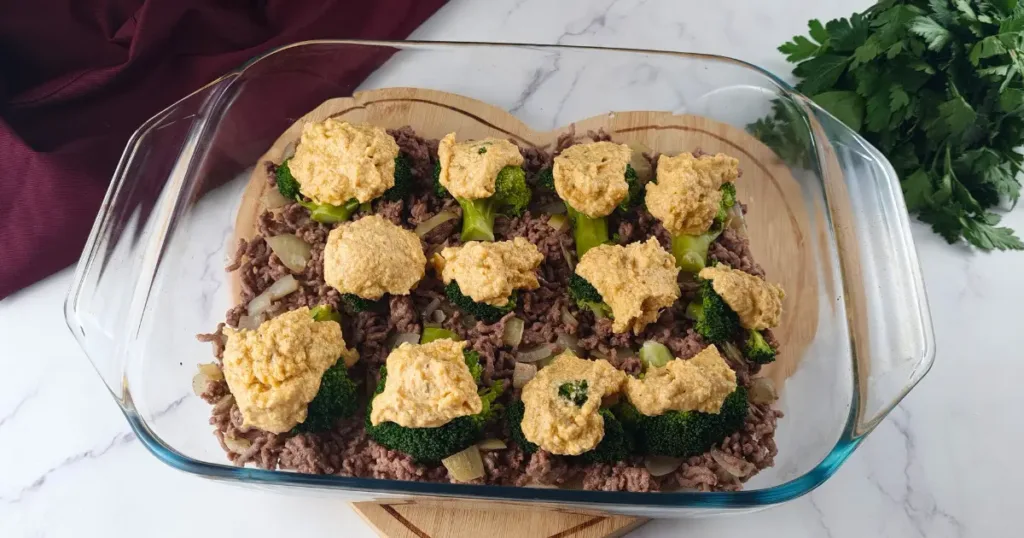 A close-up of a keto ground beef and broccoli casserole with alfredo sauce, in a glass baking dish on a wooden board.