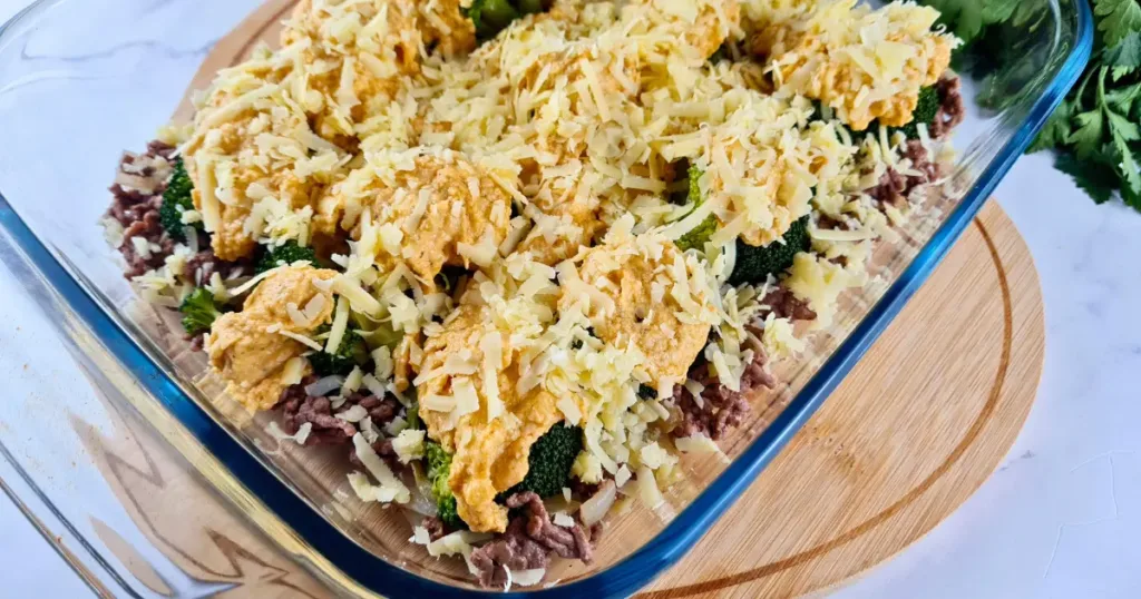 A glass baking dish filled with keto ground beef and broccoli casserole topped with alfredo sauce and shredded cheese, ready to be baked, sits on a wooden board. Fresh parsley and a burgundy cloth are visible in the background.