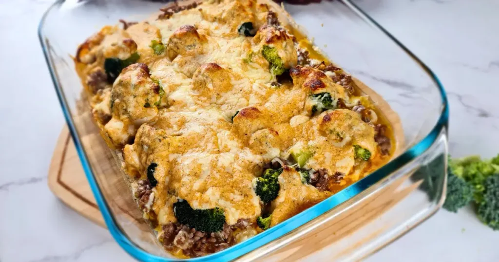 A delicious keto casserole with ground beef, broccoli, and a generous topping of grated cheese and alfredo sauce, served in a glass dish.