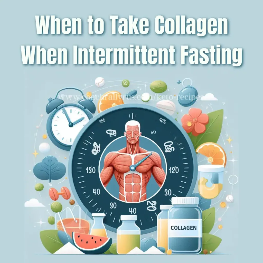 An image showing the optimal time to take collagen during intermittent fasting, with a clock dial, a human figure, and food items.