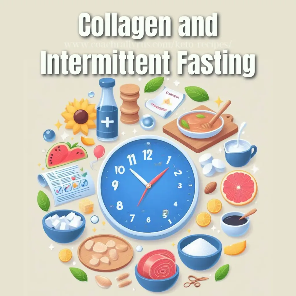 An image showing various food items and supplements related to collagen and intermittent fasting, with a large clock indicating the timing aspect of fasting.