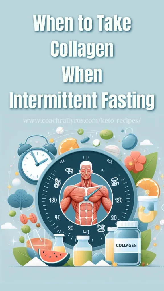 A pin with information on when to take collagen during intermittent fasting, featuring a clock, a human figure, and food items.