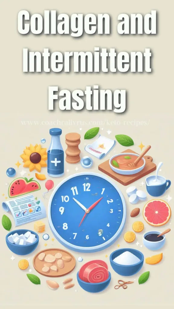 An image showing various food items and supplements related to collagen and intermittent fasting, with a large clock indicating the timing aspect of fasting.