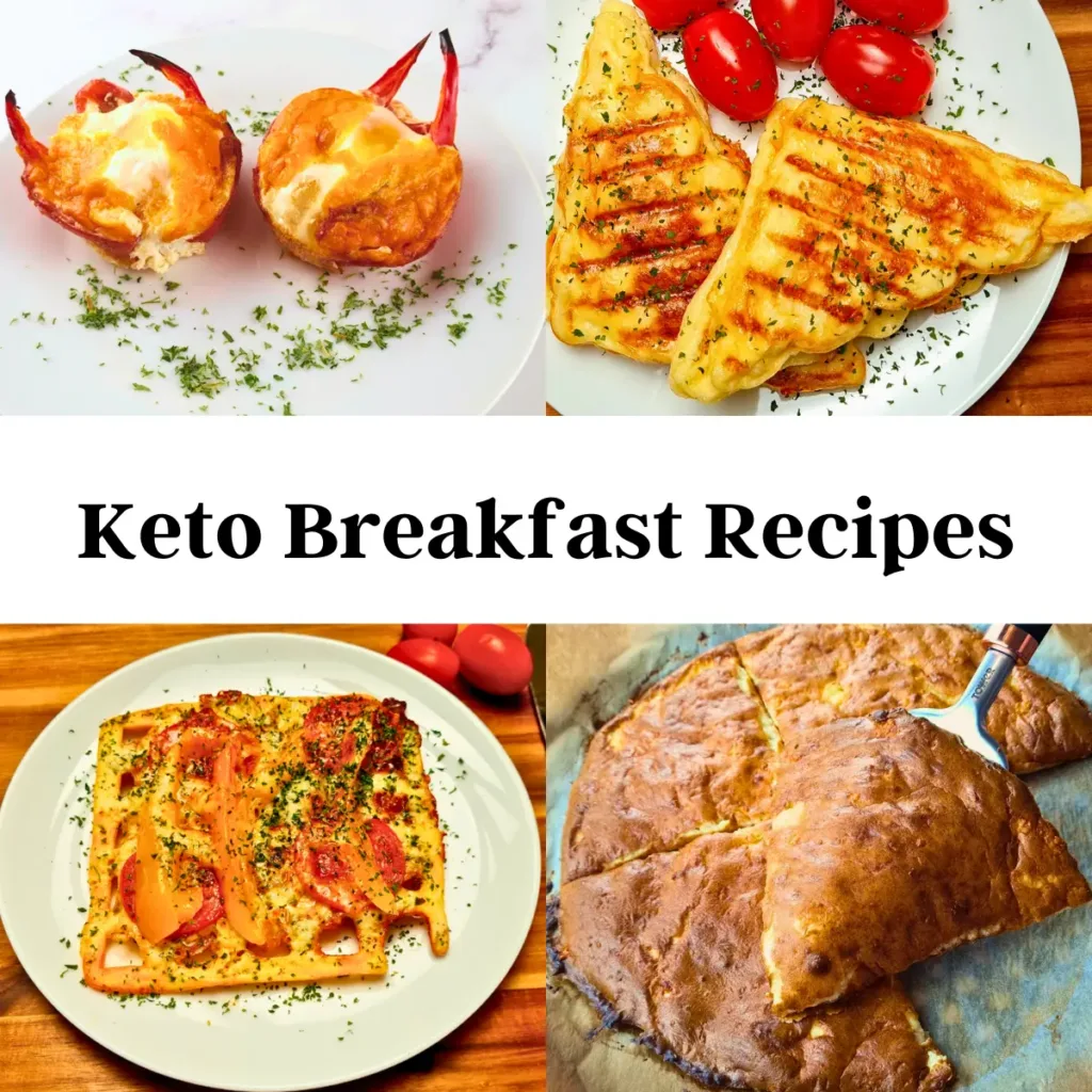 A collage of four keto breakfast recipes: egg cups with cheese, bacon, spinach, and mushrooms; grilled cheese triangles with cherry tomatoes; keto bread in a mug with garlic and cheese or cinnamon and raisin flavors; and bacon and egg bake with herbs and spices.