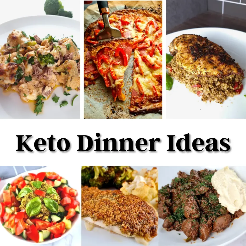 A collage of six keto-friendly dinner dishes with a central text label reading “Keto Dinner Ideas”. The dishes include creamy chicken, pizza, steak, salad, fish, and meat with mashed cauliflower.