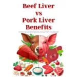 An informational image comparing the benefits of beef liver versus pork liver, surrounded by various illustrations of vegetables and meats. The website link www.CoachTallyRus.com/Keto-Recipes is displayed at the bottom.