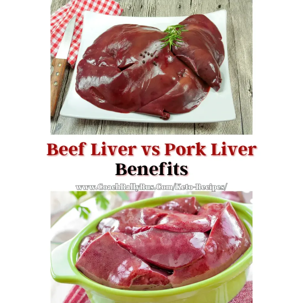 Two images comparing beef liver on a white plate and pork liver in a green bowl, with a title text 'Beef Liver vs Pork Liver Benefits' and a website link below.