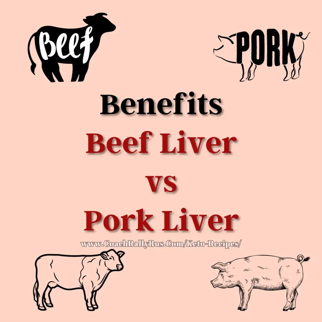 An infographic comparing the benefits of beef liver versus pork liver, with illustrations of a cow and pig labeled 'Beef' and 'Pork' respectively.