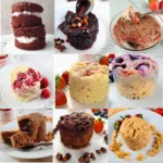 A collage of 10 keto mug cakes in different flavors, such as berry, strawberry, peanut butter, chocolate, and cheesecake.