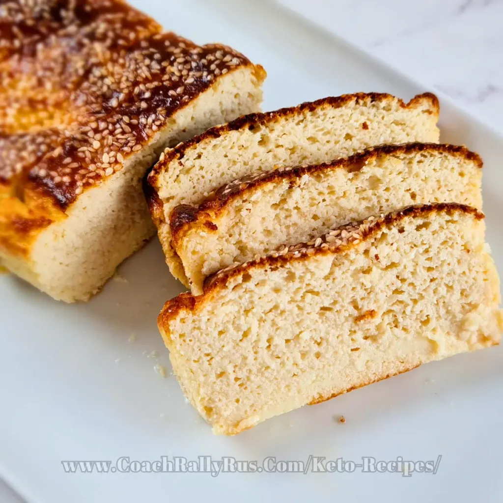 A freshly baked loaf of keto-friendly Cottage Cheese Bread with Almond Flour, showcasing a golden-brown crust and a soft, airy interior, served on a white plate.