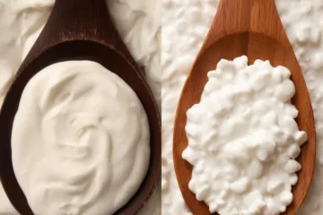 Cottage Cheese vs Cream Cheese: A side-by-side comparison of two types of cheese, with creamy, smooth cream cheese on the left and lumpy, textured cottage cheese on the right, each in their respective bowls, illustrating the visual differences between the two dairy products.