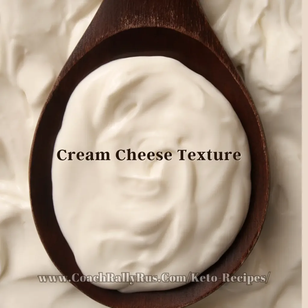 A close-up view of cream cheese filling a wooden spoon, emphasizing its smooth and spreadable texture, ideal for recipes or as a rich topping.