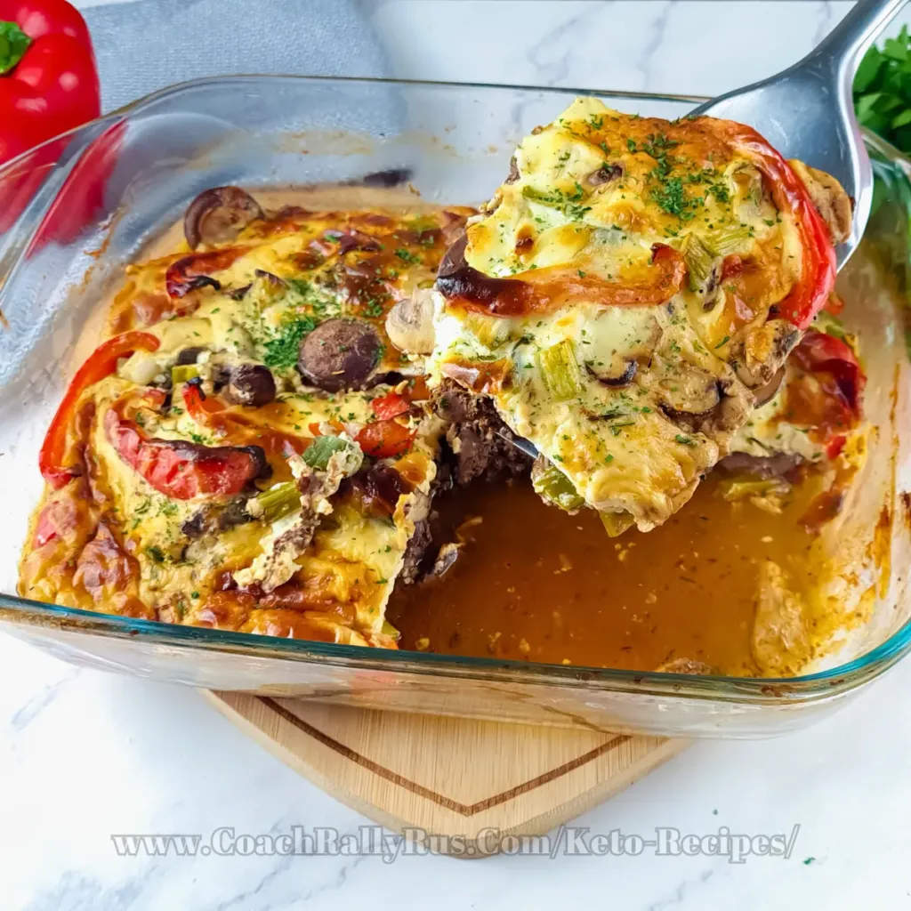 A close-up photo of a baked casserole dish with a golden and creamy topping, filled with chicken liver and vegetables. The casserole is garnished with parsley and served on a white plate with a fork. The background is a wooden table with a napkin and a glass of water.