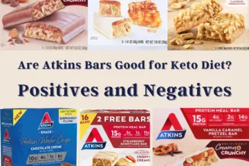 An assortment of Atkins protein bars is displayed, each highlighting its nutritional content. The image poses a central question about their suitability for a keto diet, weighing the positives and negatives for those considering these snacks.
