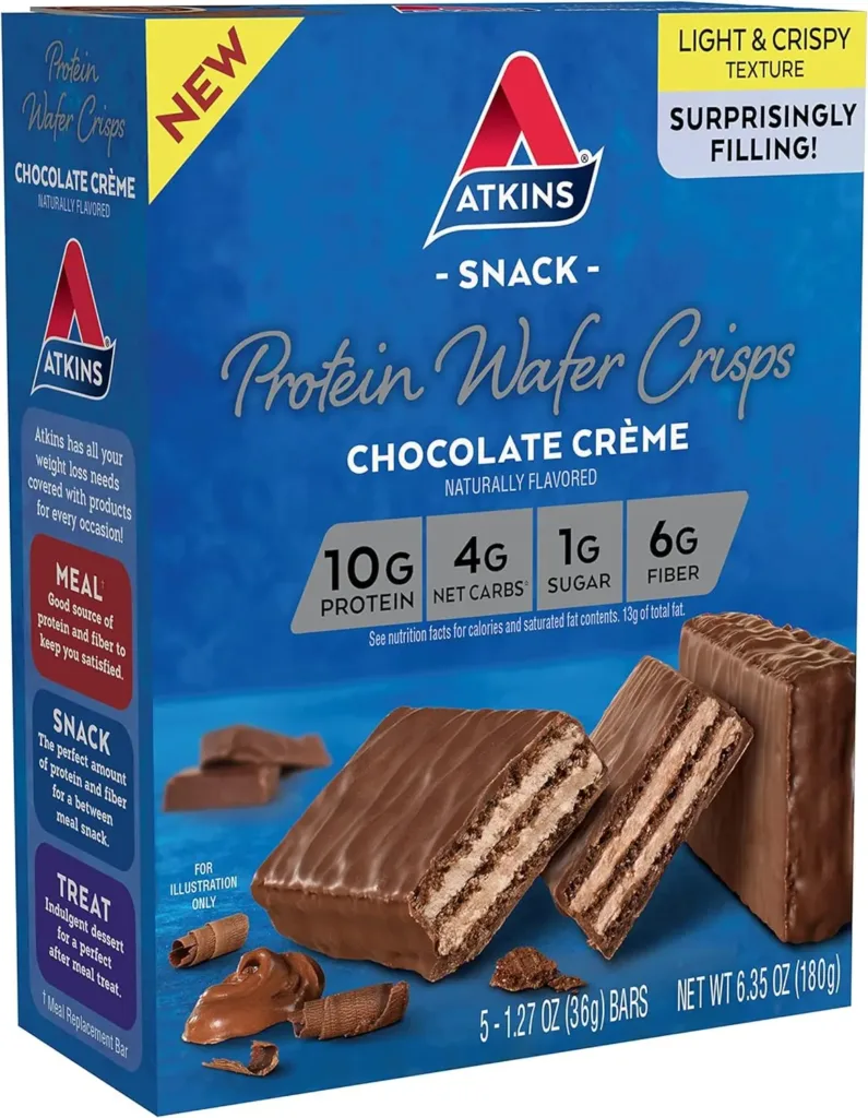 An Atkins Protein Wafer Crisps box in Chocolate Crème flavor, emphasizing its light and crispy texture with 10g protein, 4g net carbs, 1g sugar, and 6g fiber per serving, suggesting a tasty yet health-conscious snack option.